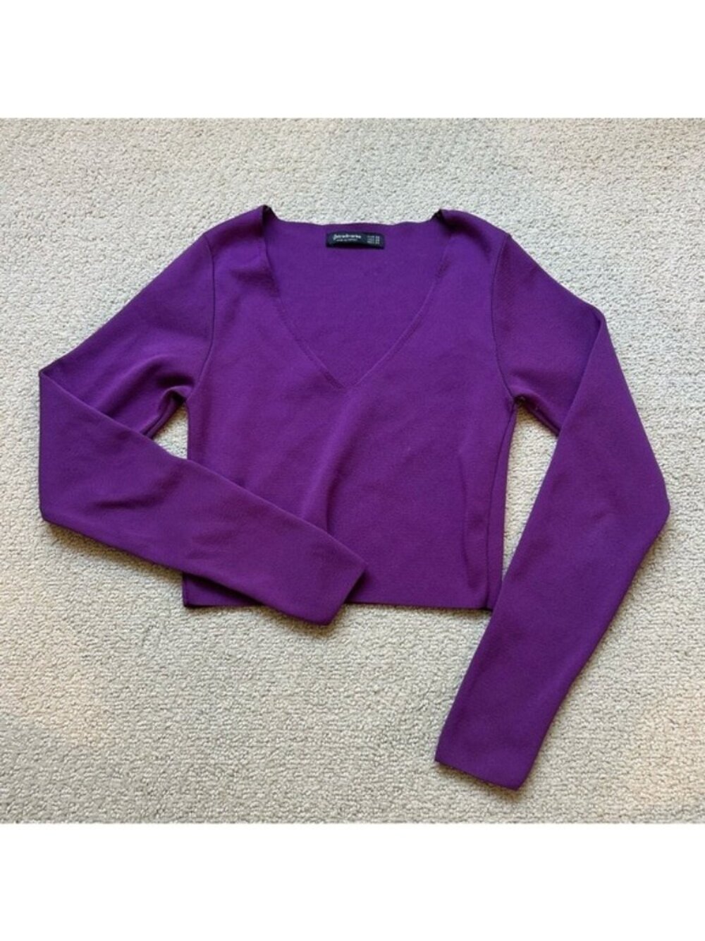 Stradivarius Women’s Top Purple Long Sleeve Ribbed V Neck Knit Size XS